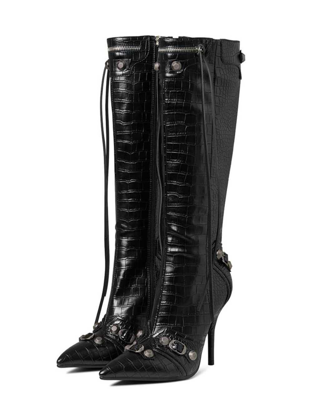 Black & Silver Croc-Textured Pointed-Toe Knee Boots